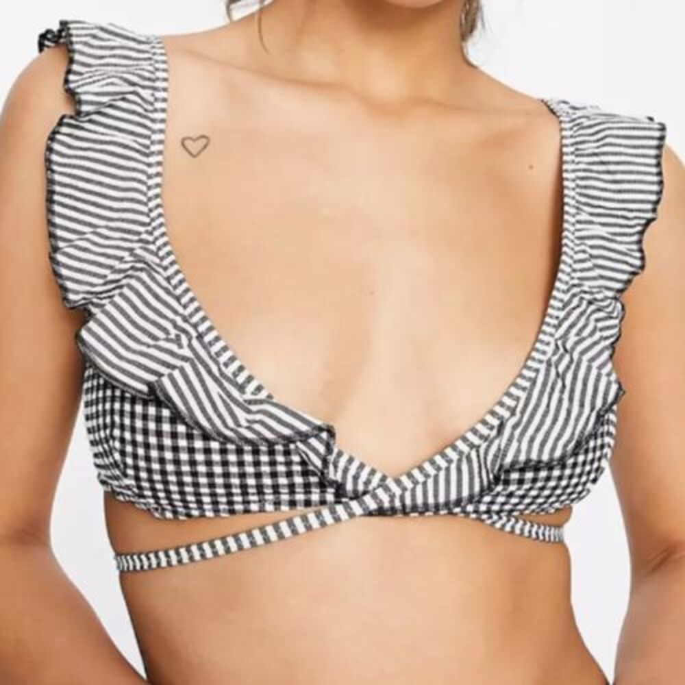 American Eagle Aerie Black Striped Gingham Ruffled Bikini Swimsuit Set Size M - Picture 2 of 11